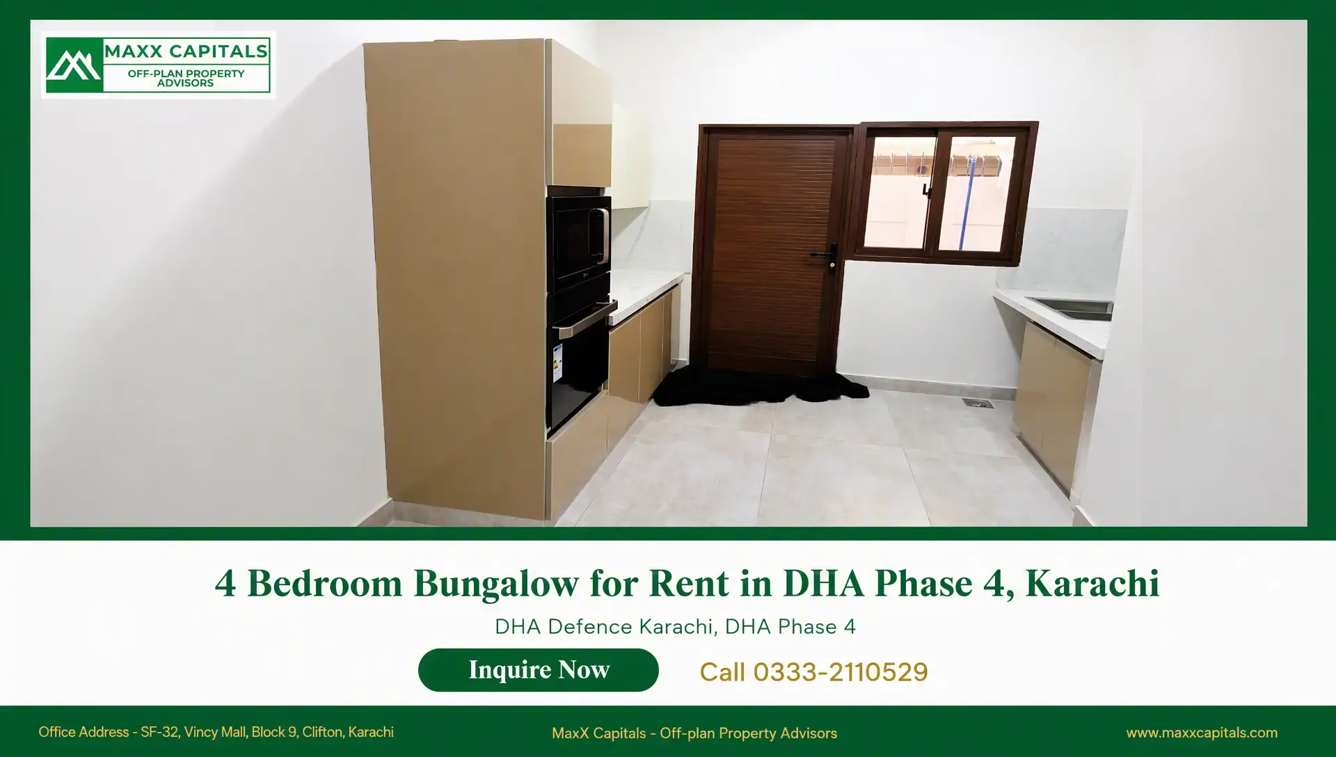 4 Bedroom Bungalow Portion for Rent in DHA Phase 4, Karachi Modern bungalow for rent in DHA Phase 4 kitchen with built-in cabinets, marble counters, and wood door