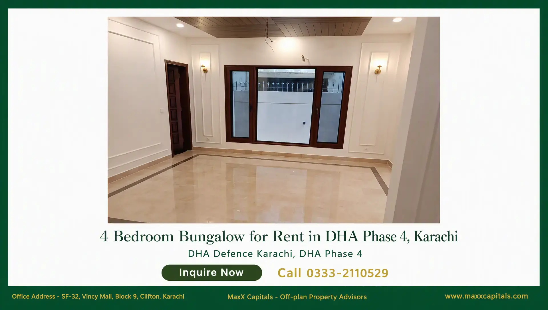 4 Bedroom Bungalow Portion for Rent in DHA Phase 4, Karachi Bright living room in a bungalow for rent in DHA Phase 4 with polished marble floor, wood ceiling, and large windows