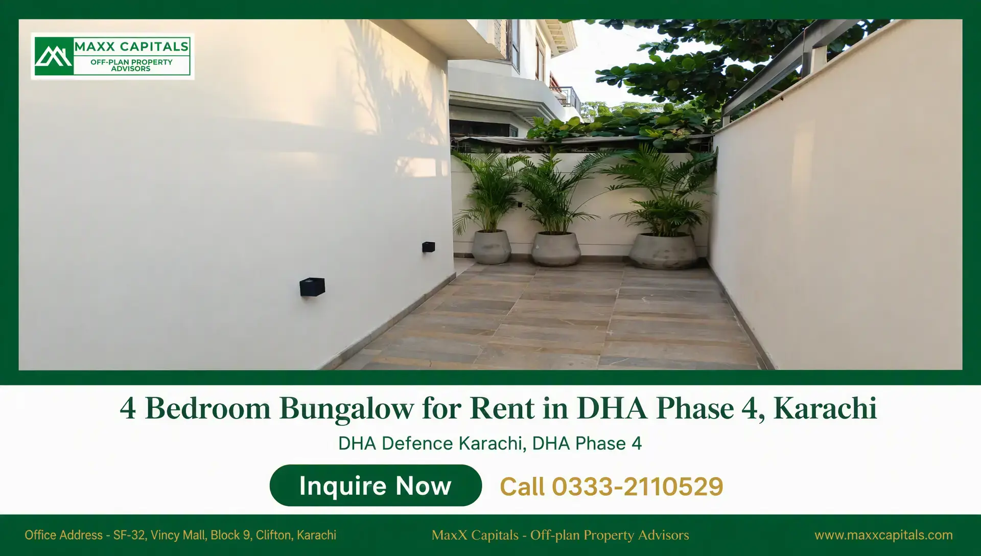 4 Bedroom Bungalow Portion for Rent in DHA Phase 4, Karachi bungalow for rent in DHA Phase 4, Karachi with tiled side passage, white boundary walls, and potted greenery