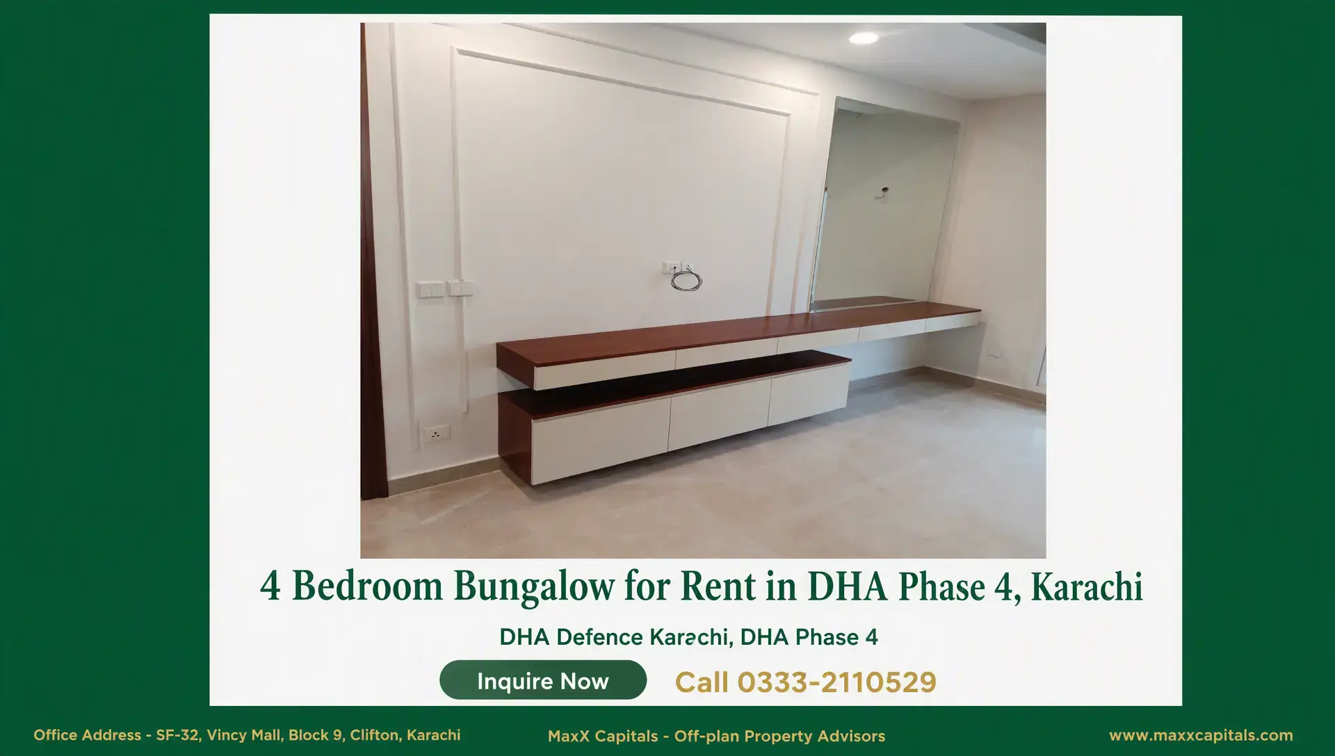 4 Bedroom Bungalow Portion for Rent in DHA Phase 4, Karachi Modern bedroom wall panel and built-in console in a bungalow for rent in DHA Phase 4