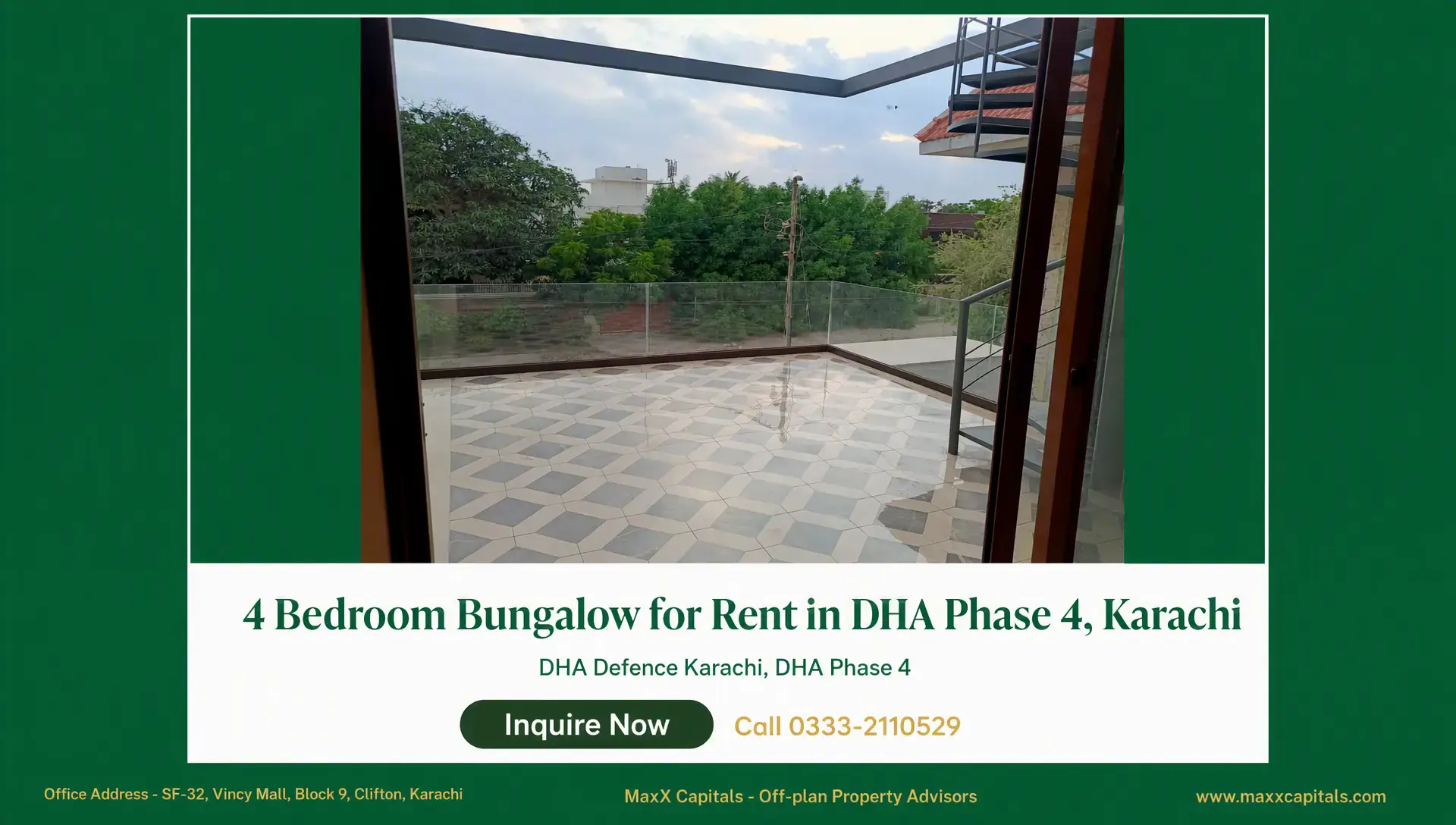 4 Bedroom Bungalow Portion for Rent in DHA Phase 4, Karachi Spacious terrace in a bungalow for rent in DHA Phase 4 with tiled flooring and glass railing