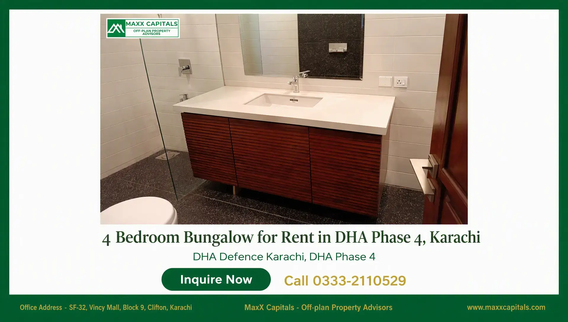 4 Bedroom Bungalow Portion for Rent in DHA Phase 4, Karachi Modern bungalow for rent in DHA Phase 4 with sleek vanity, shower glass, and tiled bathroom finish