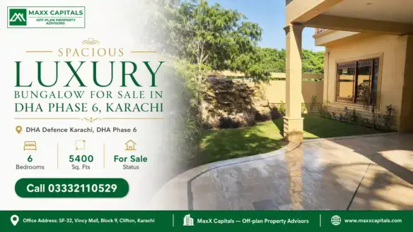 Bungalow For Sale In Dha Phase 6, Karachi Featuring A Lush Green Lawn, Stone Detail, And Tiled Outdoor Area With Beige Facade