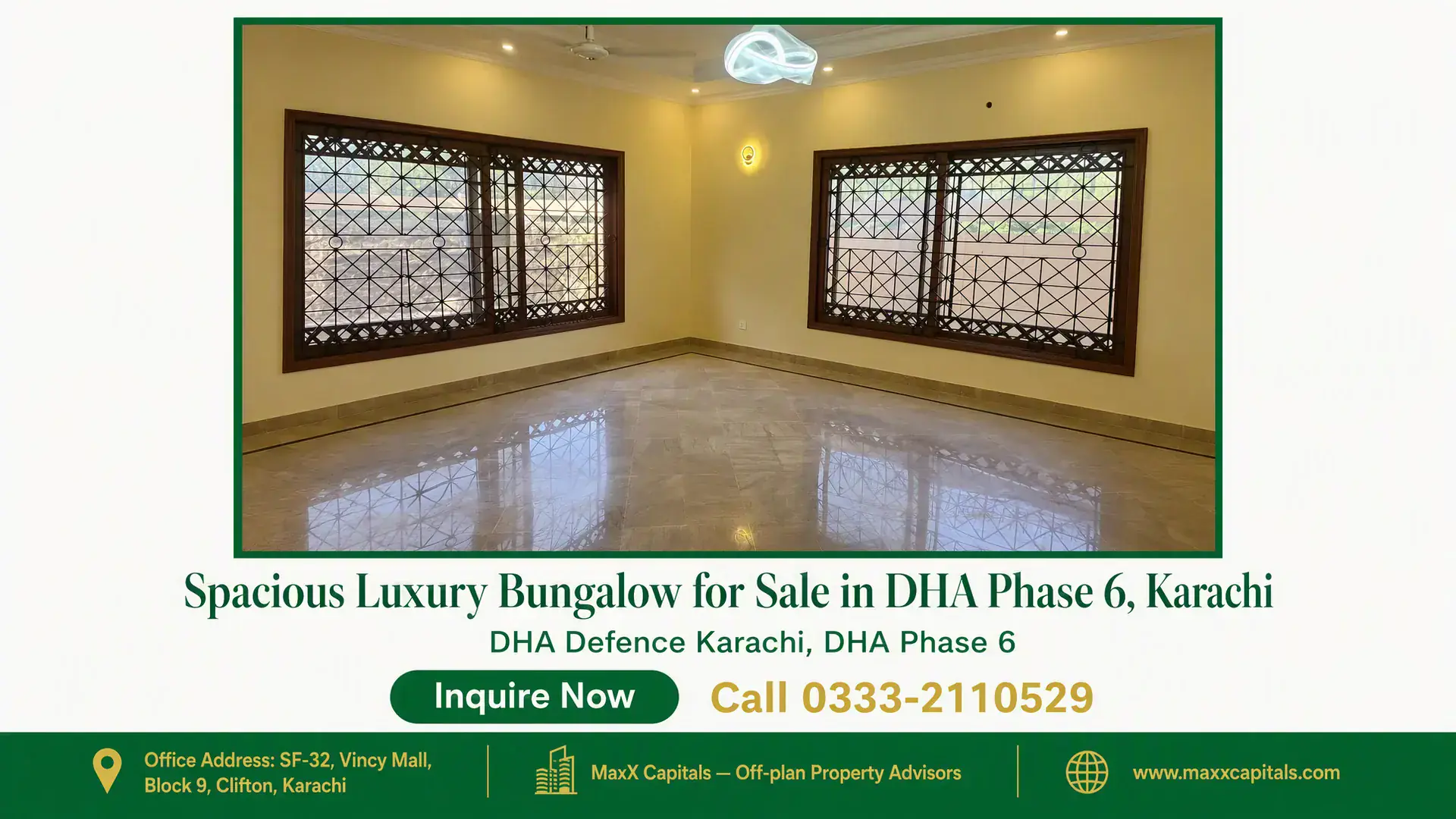 Spacious Luxury Bungalow for Sale in DHA Phase 6, Karachi A spacious, well-lit room with large windows featuring intricate wooden lattice designs in a luxury bungalow for sale in DHA