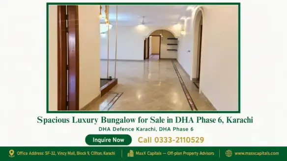 Spacious living area with marble flooring, modern chandeliers, arched doorways, and wood accents in a bungalow for sale in DH