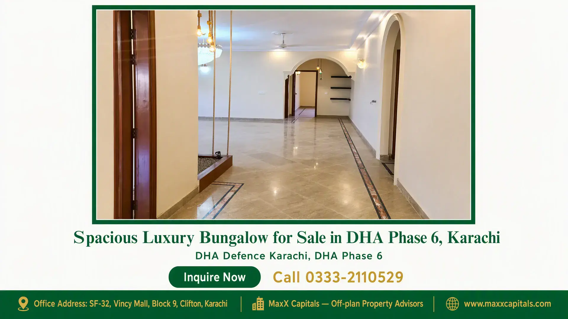 Spacious Luxury Bungalow for Sale in DHA Phase 6, Karachi Spacious living area with marble flooring, modern chandeliers, arched doorways, and wood accents in a bungalow for sale in DH