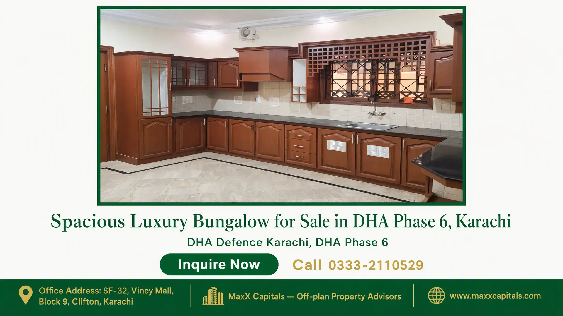 Spacious Luxury Bungalow for Sale in DHA Phase 6, Karachi Elegant kitchen with wooden cabinetry, tiled walls, and modern countertop in a luxury bungalow for sale in DHA Phase 6.