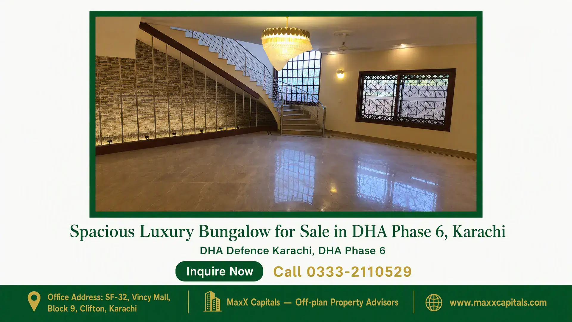 Spacious Luxury Bungalow for Sale in DHA Phase 6, Karachi Spacious living area with tiled floors, a modern staircase, stone accent wall, and large windows in a bungalow for sale in DH