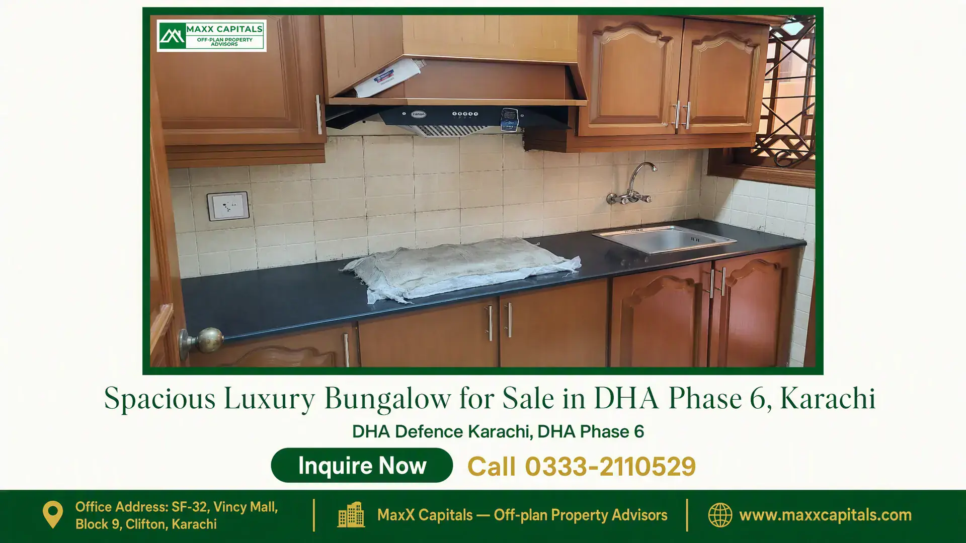 Spacious Luxury Bungalow for Sale in DHA Phase 6, Karachi Modern kitchen in a luxury bungalow for sale in DHA Phase 6, Karachi featuring wooden cabinetry, tiled backsplash, and sleek