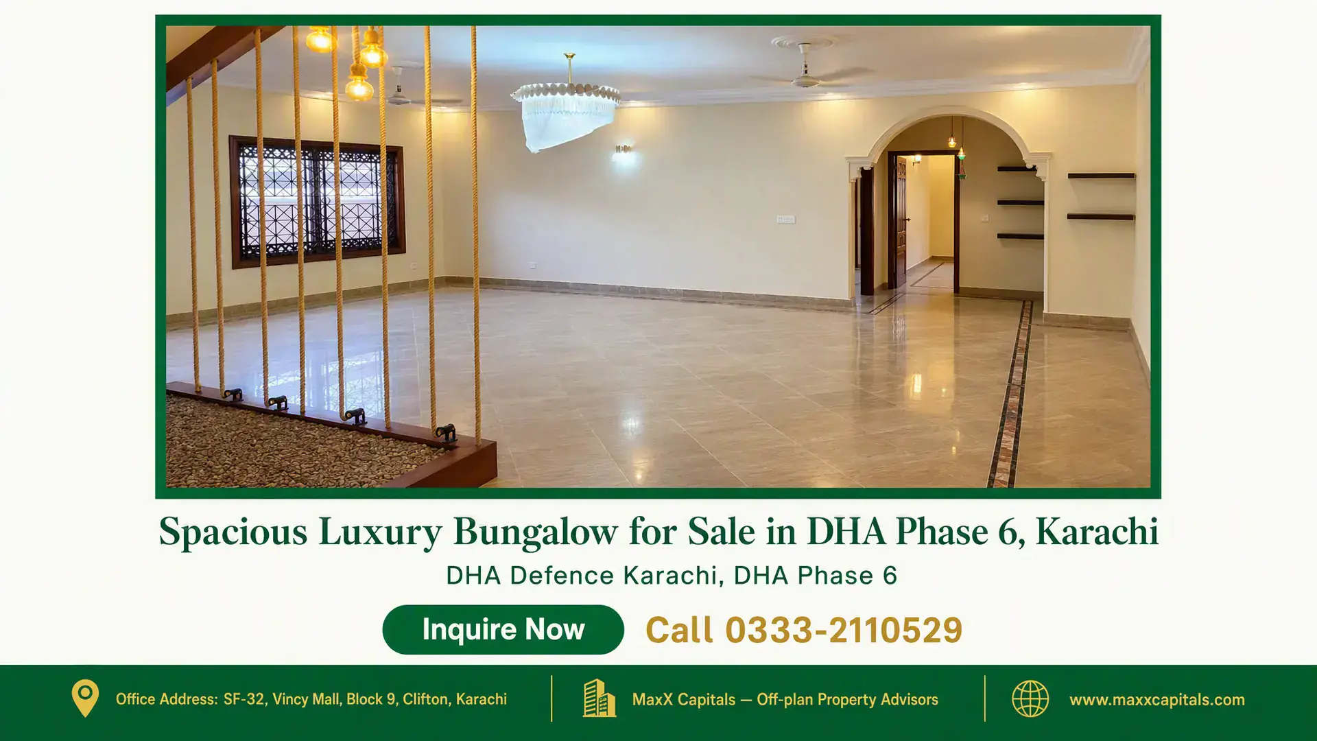 Spacious Luxury Bungalow for Sale in DHA Phase 6, Karachi Spacious living room in a luxury bungalow for sale in DHA Phase 6, Karachi with tiled floors, large windows, and modern light
