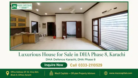 Spacious modern interior with wooden cabinets, tiled flooring, large windows, and double wooden doors in a house for sale in