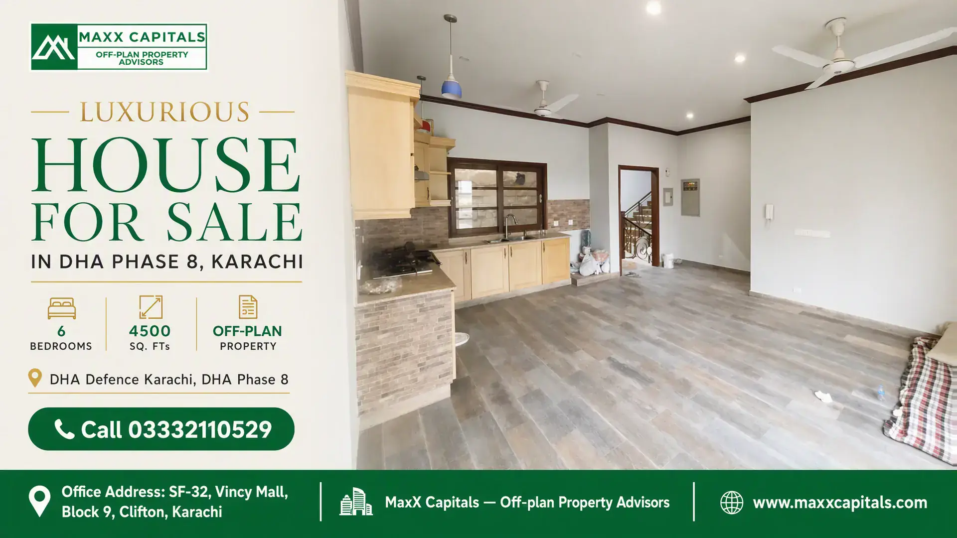Luxurious House for Sale in DHA Phase 8, Karachi Spacious kitchen with wooden cabinets, tiled backsplash, modern appliances, and adjacent open-plan living area in a house for