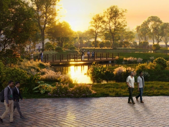 Lagoon Views Tower 1 High-Rise Buildings With Lagoon, Landscaped Gardens, Pathways, Trees, And Sunset Sky