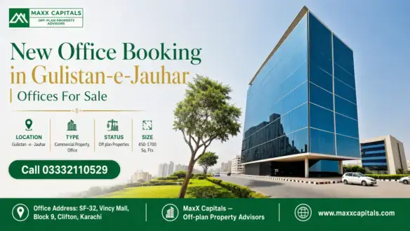 Modern Glass Office Building In Gulistan-E-Jauhar With Surrounding Green Landscaping And Vehicles In The Parking Area.