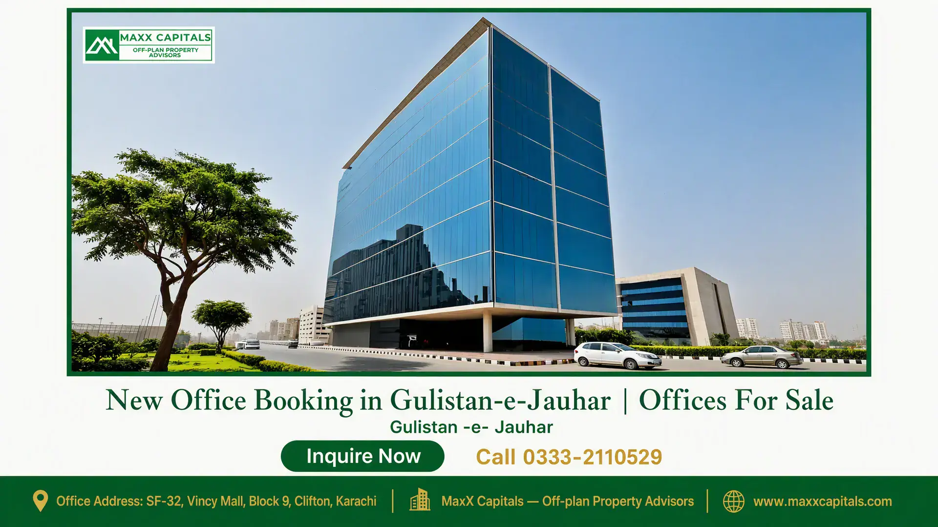 New Office Booking in Gulistan-e-Jauhar | Offices For Sale Modern glass-front office building in Gulistan-e-Jauhar with landscaped greenery and parking space.