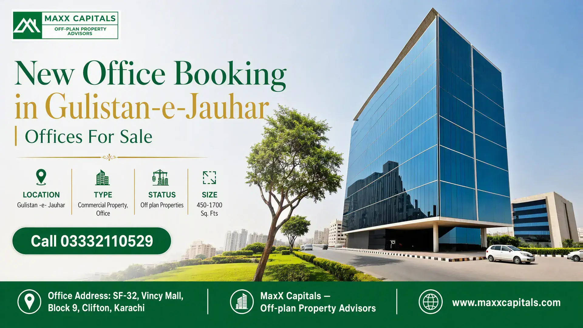 New Office Booking in Gulistan-e-Jauhar | Offices For Sale Modern glass office building in Gulistan-e-Jauhar with surrounding green landscaping and vehicles in the parking area.