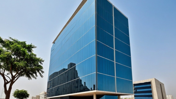 Modern Multi-Story Office Building With Blue Glass Facade In Gulistan-E-Jauhar, Palm Trees, Landscaped Greenery, And Parked C