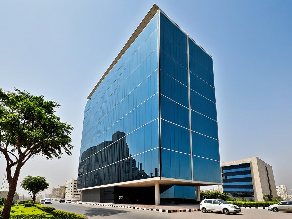 Modern multi-story office building with blue glass facade in Gulistan-e-Jauhar, palm trees, landscaped greenery, and parked c