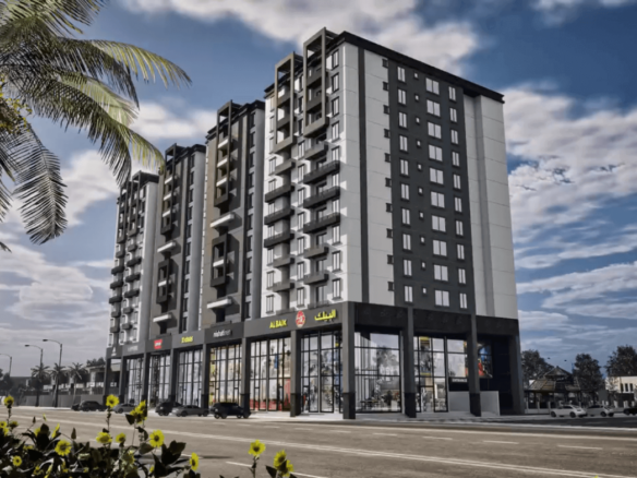 Modern Multi-Story Apartment Building At Sumsum Grand 2 Karachi With Black-Grey Facade, Balconies, Ground-Floor Glass Shops, 