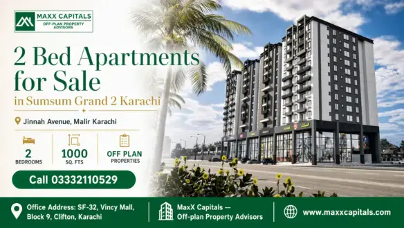 Modern Multi-Story Apartment Building In Sumsum Grand 2 Karachi With Retail Spaces On The Ground Floor, Surrounded By Palm Tr