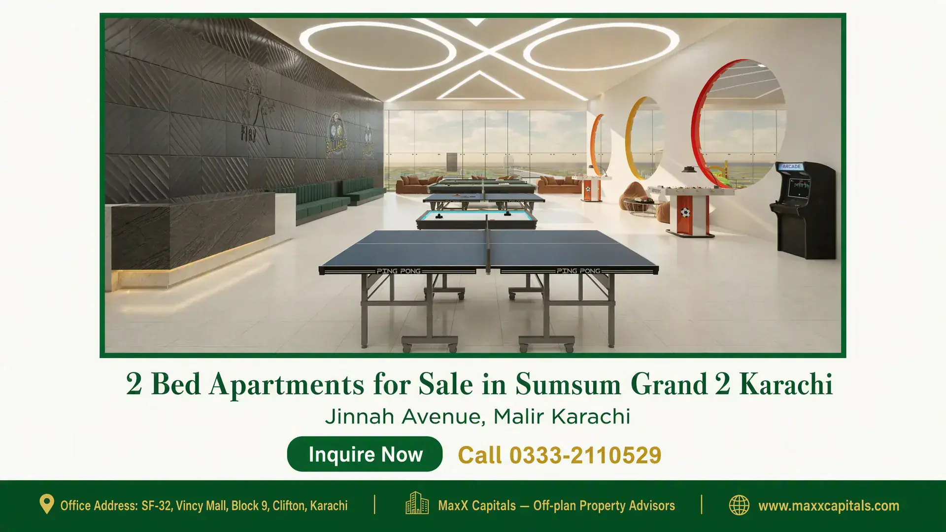 2 Bed Apartments for Sale in Sumsum Grand 2 Karachi Luxurious recreational area with table tennis, arcade machines, modern ceiling lights, and large glass windows in Sumsum Gran