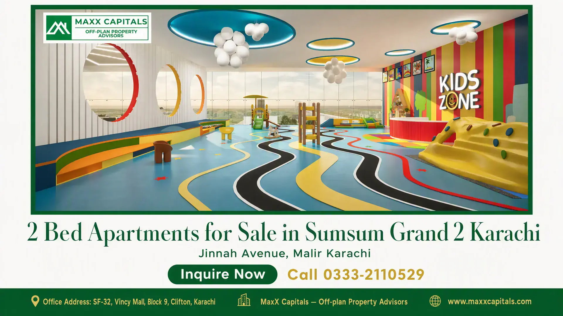 2 Bed Apartments for Sale in Sumsum Grand 2 Karachi Colorful kids' play area with circular wall cutouts, soft play structures, and a vibrant floor, located in Sumsum Grand 2 Kar
