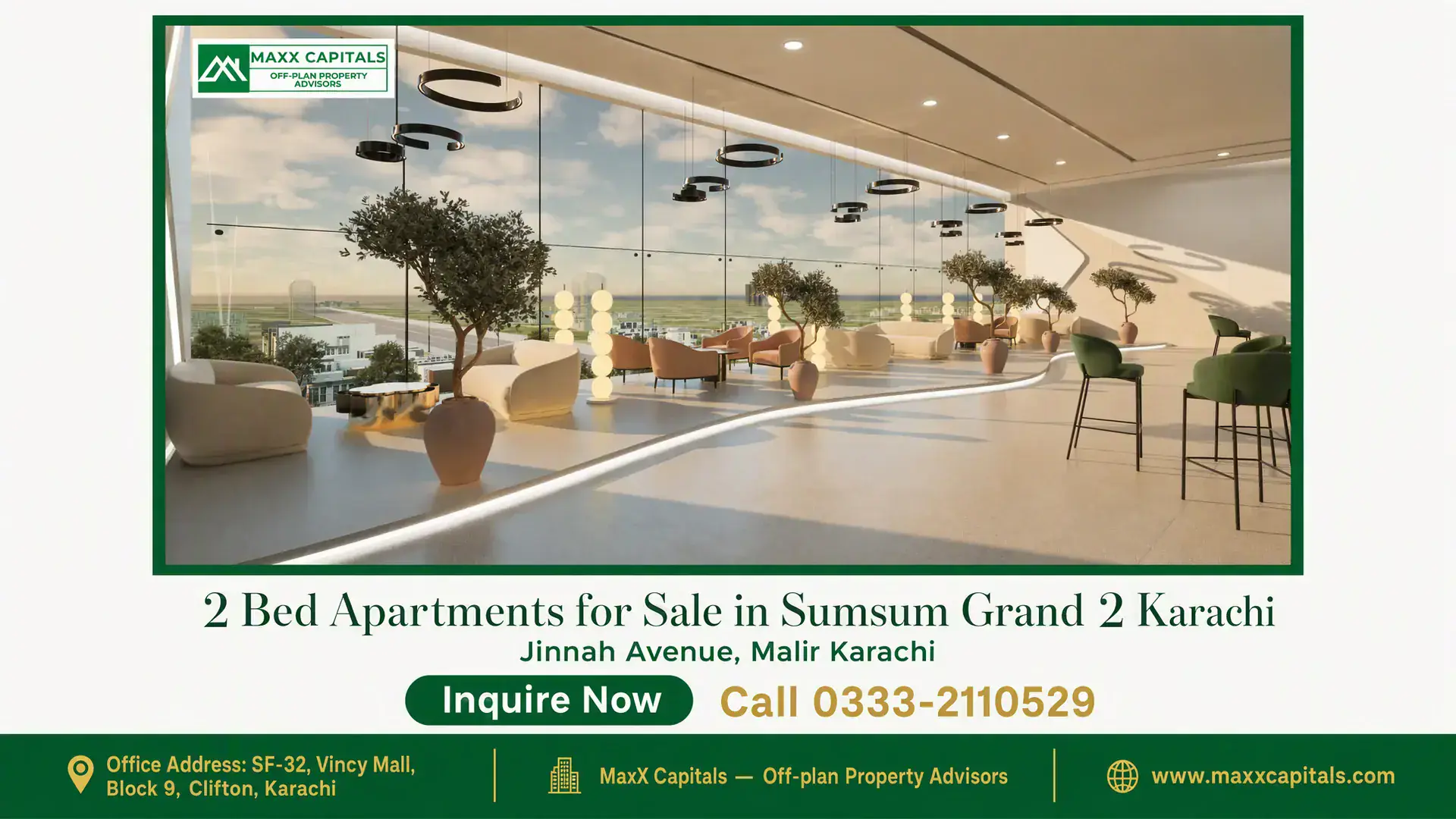 2 Bed Apartments for Sale in Sumsum Grand 2 Karachi Luxurious lounge area in Sumsum Grand 2 Karachi featuring modern furniture, floor-to-ceiling windows, and panoramic city view