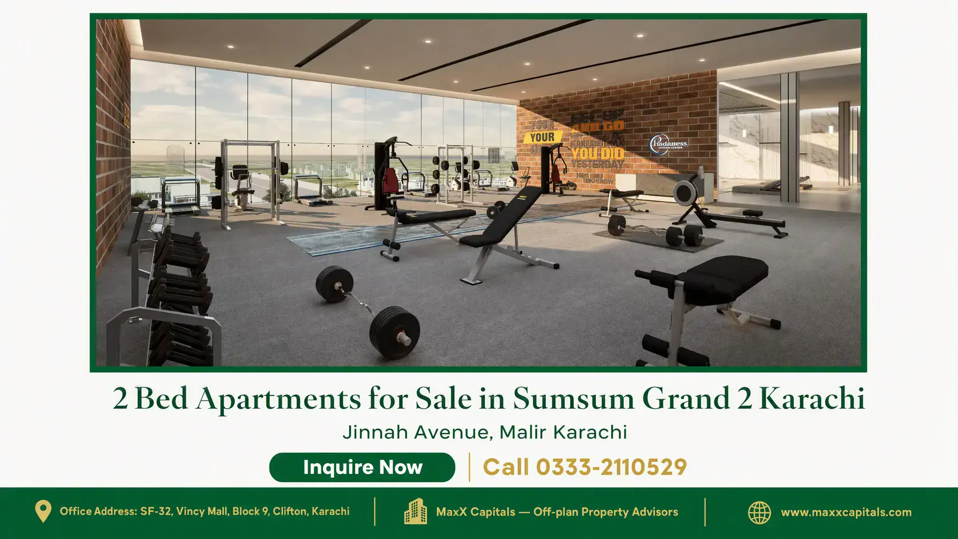 2 Bed Apartments for Sale in Sumsum Grand 2 Karachi Modern fitness center with floor-to-ceiling windows, gym equipment, and a city view in Sumsum Grand 2 Karachi.