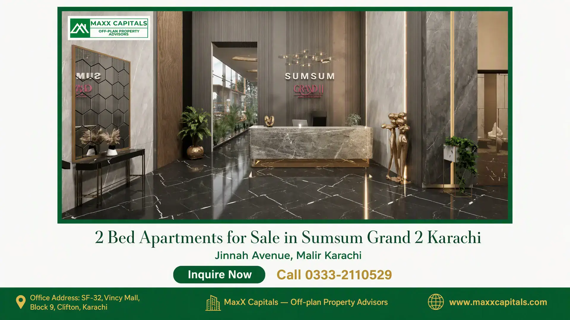 2 Bed Apartments for Sale in Sumsum Grand 2 Karachi Luxurious marble-finished lobby in Sumsum Grand 2 Karachi with modern decor and elegant lighting.