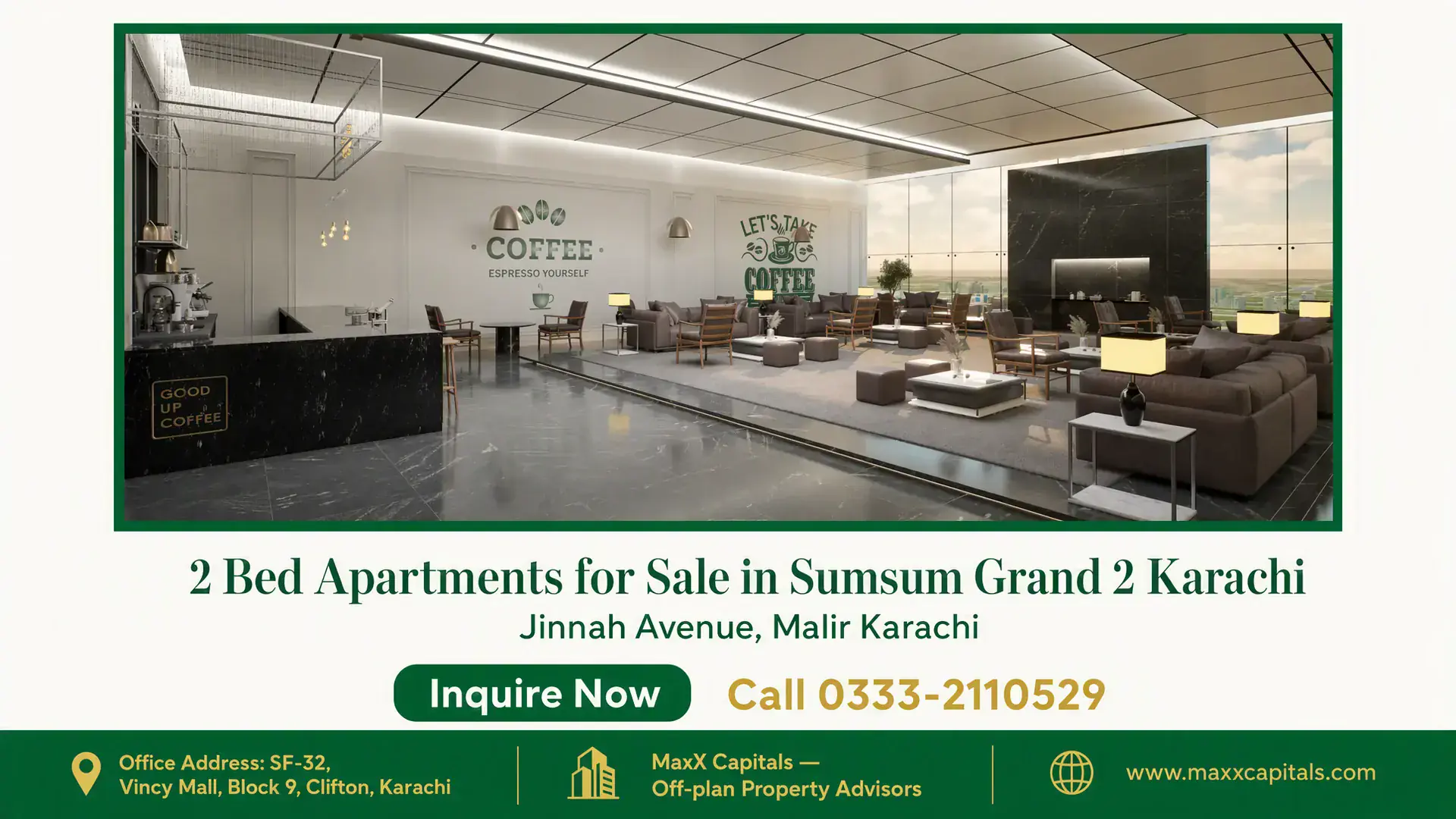 2 Bed Apartments for Sale in Sumsum Grand 2 Karachi Spacious lounge with modern furniture, marble coffee counter, and large glass windows inside 2 bed apartments for sale in Sum