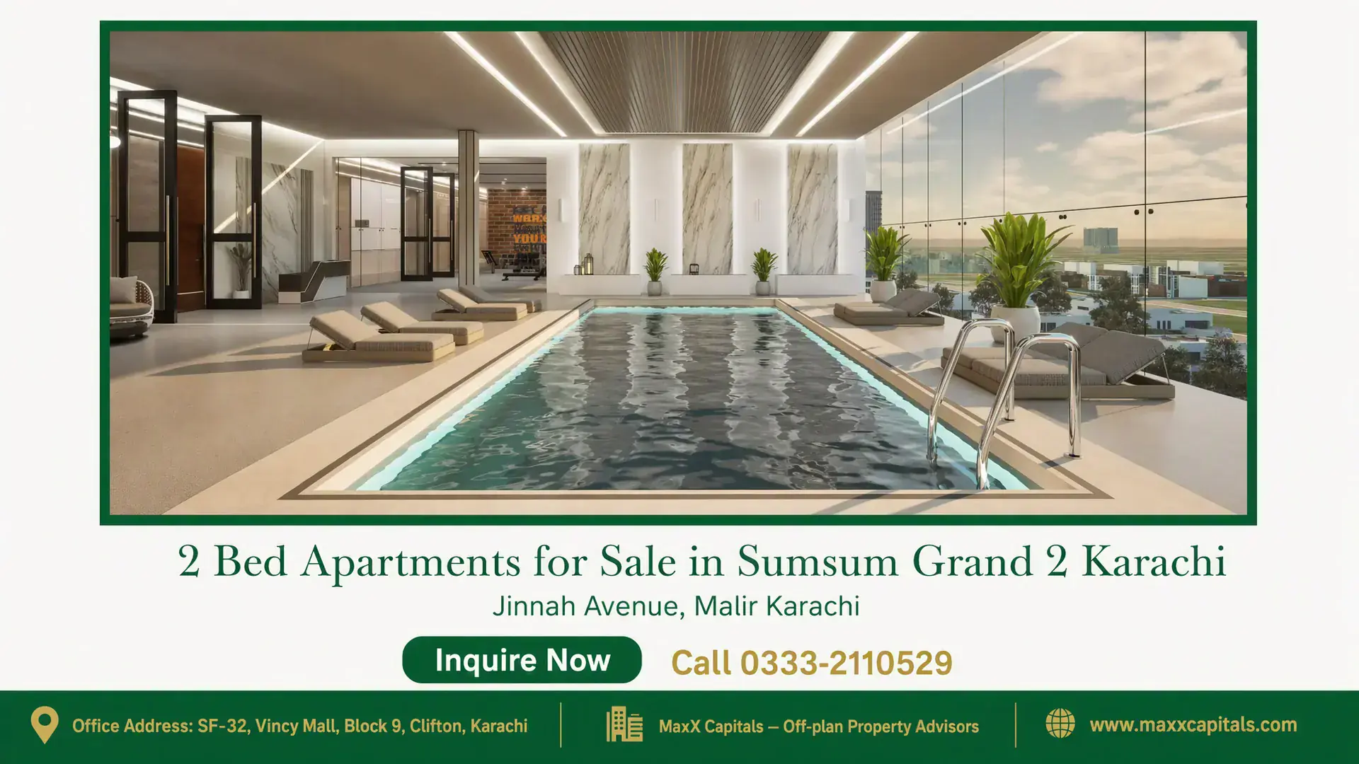 2 Bed Apartments for Sale in Sumsum Grand 2 Karachi Luxurious indoor pool with sun loungers, marble wall accents, and glass panel windows overlooking Karachi skyline - 2 Bed Apa