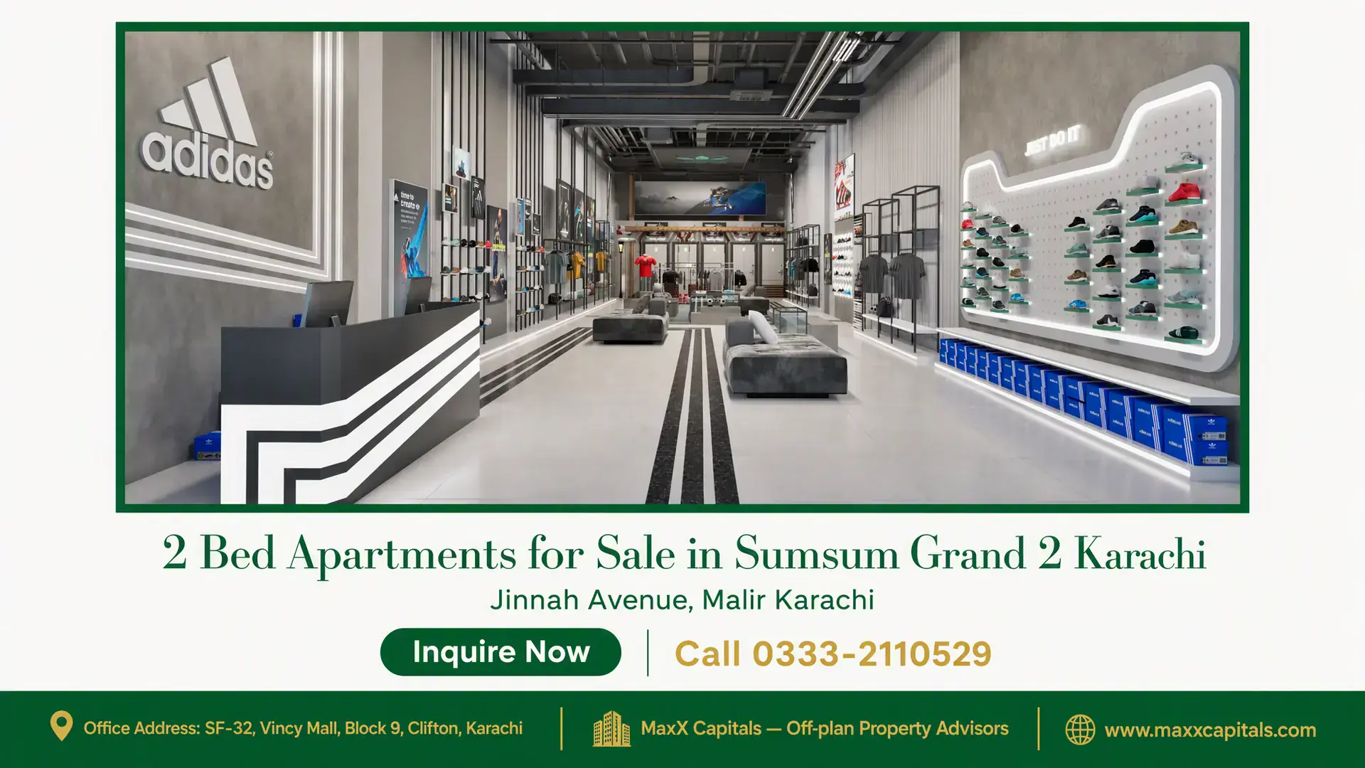2 Bed Apartments for Sale in Sumsum Grand 2 Karachi Modern retail showroom with sleek interiors, ample lighting, and stylish display arrangements in Sumsum Grand 2 Karachi.