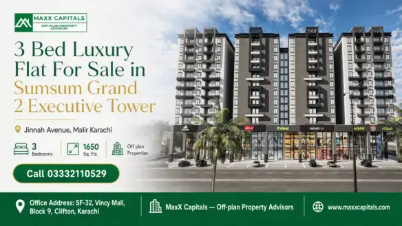 Modern Multi-Story Residential Building In Sumsum Grand 2 Executive Tower With Retail Shops At Ground Level, Located In Malir