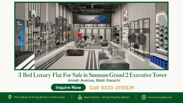 Modern retail space with sleek shelving, wall-mounted displays, and premium seating in Sumsum Grand 2 Executive Tower.