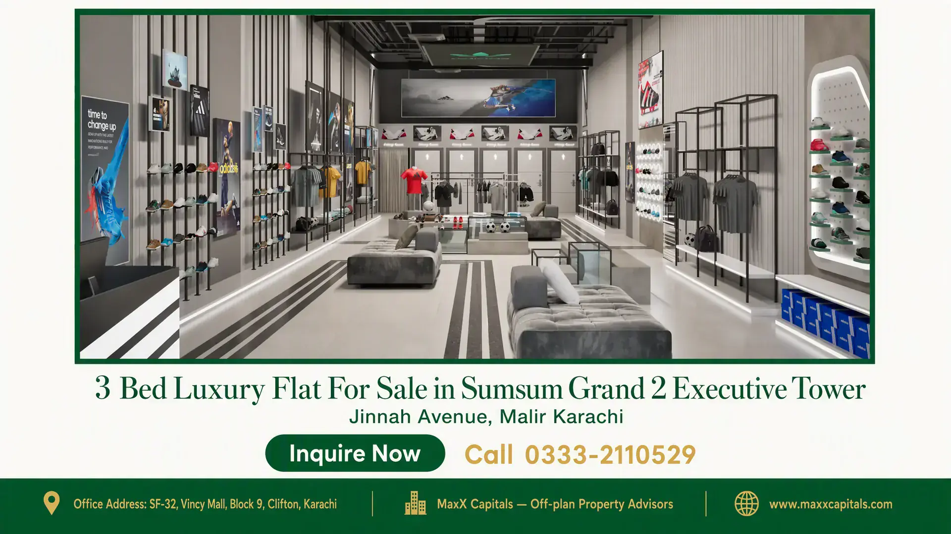 3 Bed Luxury Flat For Sale in Sumsum Grand 2 Executive Tower Modern retail space with sleek shelving, wall-mounted displays, and premium seating in Sumsum Grand 2 Executive Tower.