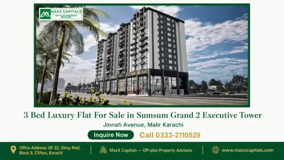 Modern high-rise luxury apartment building with commercial shops and palm-lined street in Sumsum Grand 2 Executive Tower.