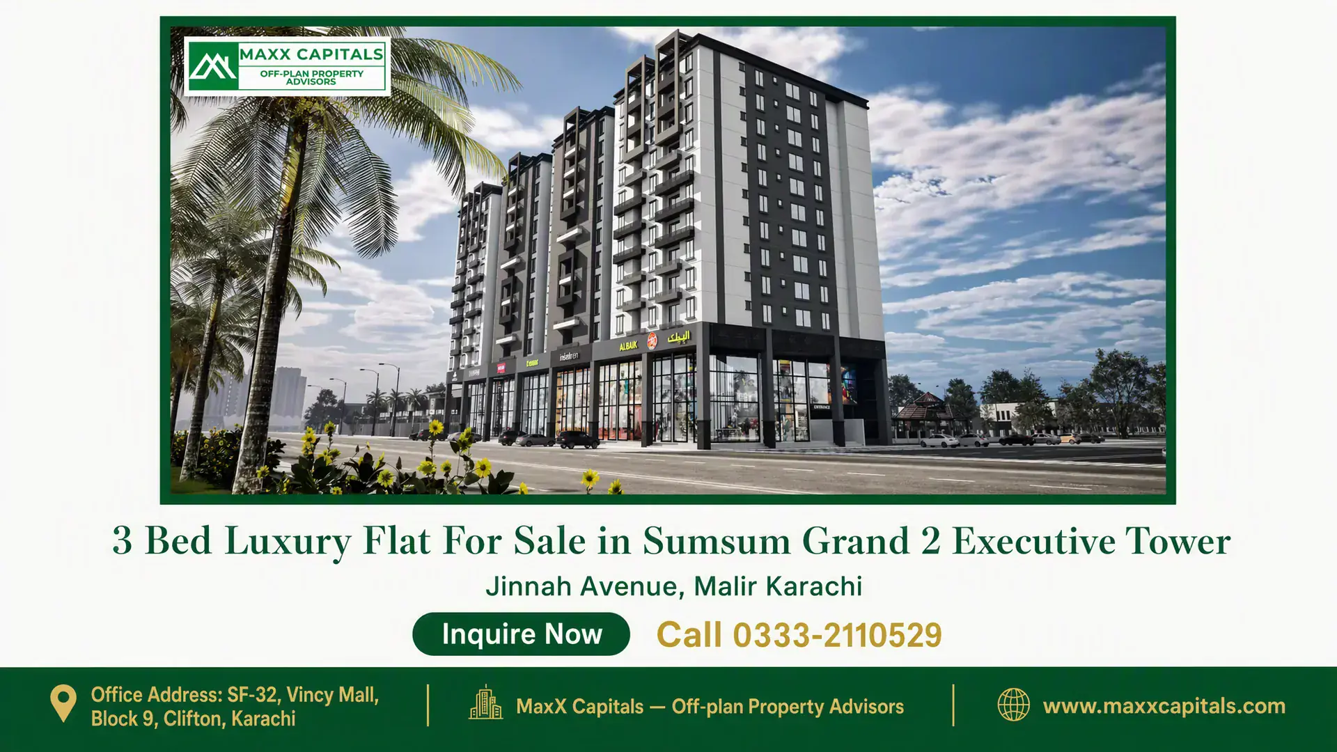 3 Bed Luxury Flat For Sale in Sumsum Grand 2 Executive Tower Modern high-rise luxury apartment building with commercial shops and palm-lined street in Sumsum Grand 2 Executive Tower.
