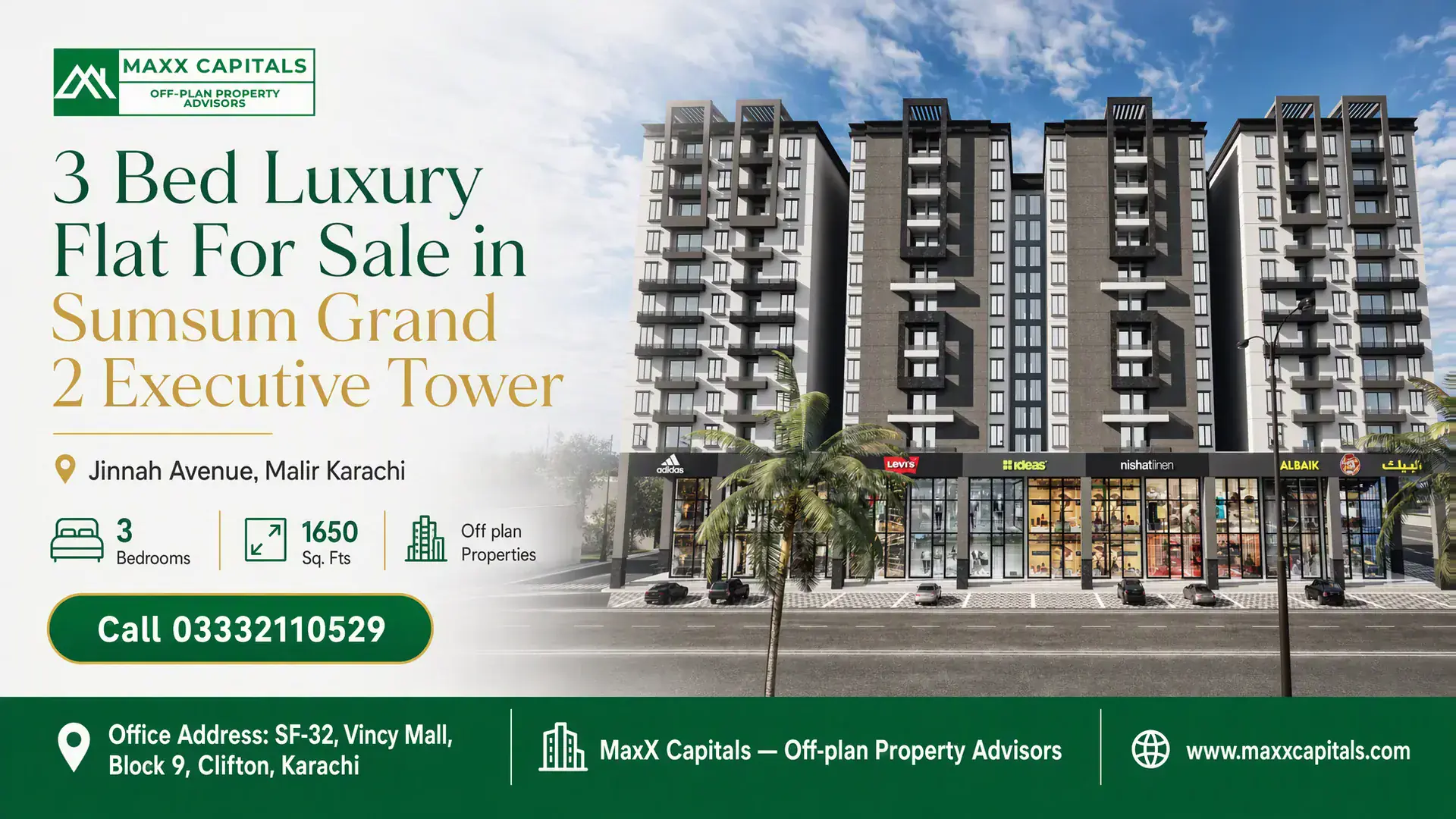 3 Bed Luxury Flat For Sale in Sumsum Grand 2 Executive Tower Modern multi-story residential building in Sumsum Grand 2 Executive Tower with retail shops at ground level, located in Malir