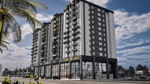 Sumsum Grand 2 Executive Tower Exterior, Modern High-Rise With Black And Glass Facade, Balconies, Ground-Floor Retail Spaces,
