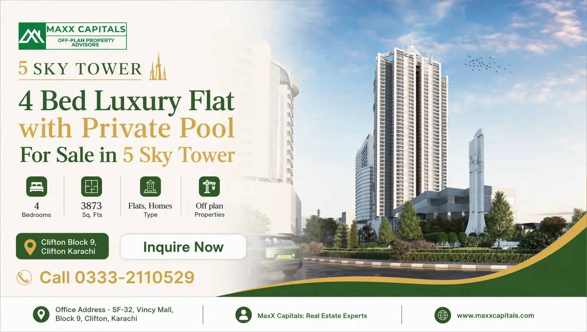 4 Bed Luxury Flat with Private Pool For Sale in 5 Sky Tower 5 Sky Tower luxury high-rise with landscaped podium and tower skyline, off-plan flats in Clifton Karachi