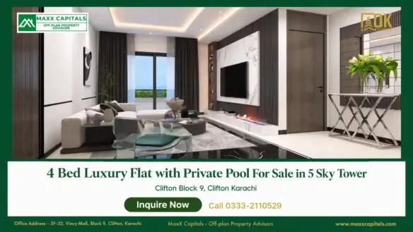 Luxury living room in 5 Sky Tower with floor-to-ceiling window, feature wall, and fireplace