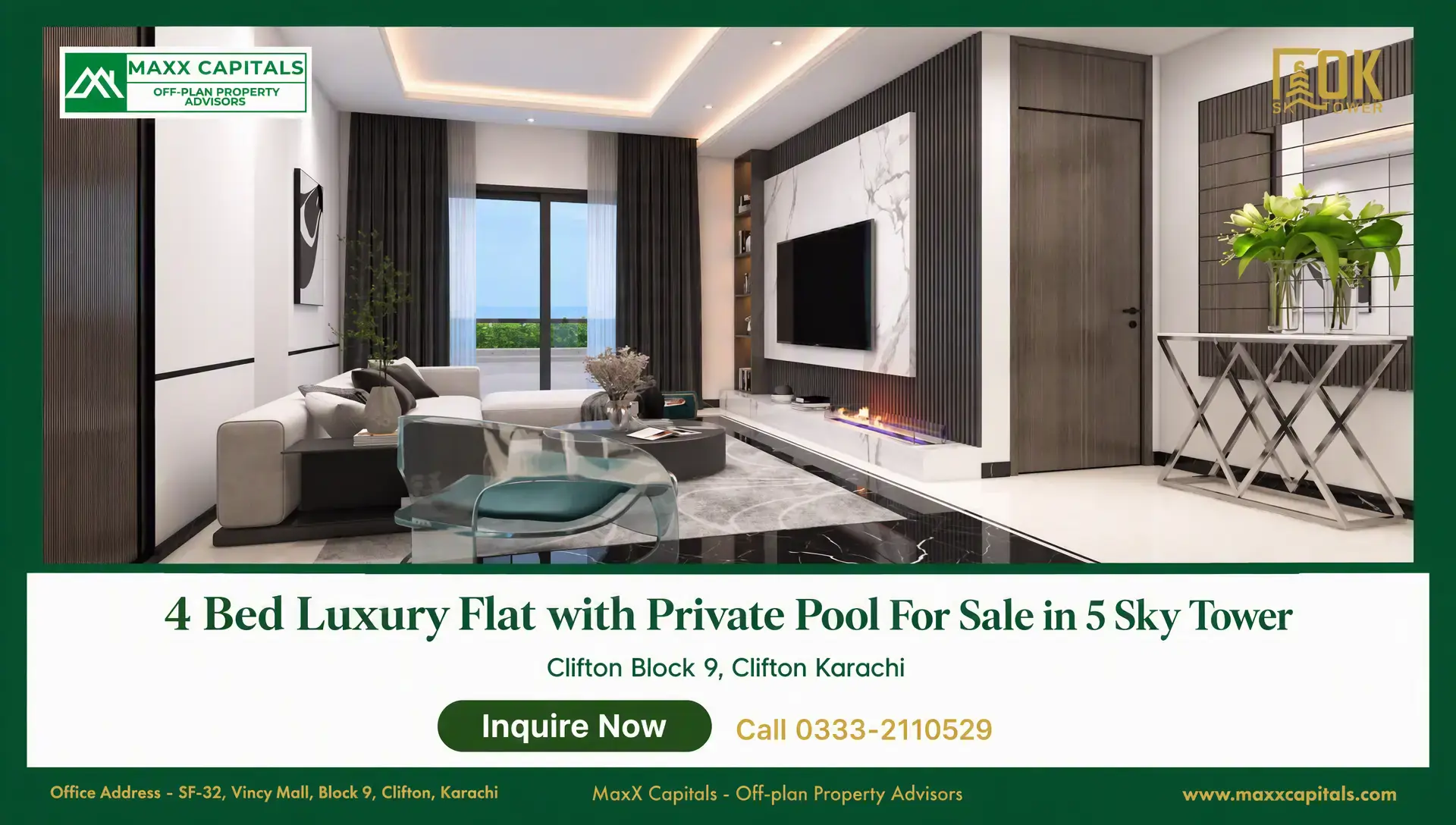 4 Bed Luxury Flat with Private Pool For Sale in 5 Sky Tower Luxury living room in 5 Sky Tower with floor-to-ceiling window, feature wall, and fireplace