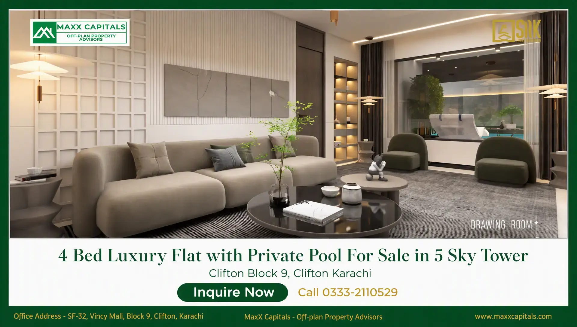 4 Bed Luxury Flat with Private Pool For Sale in 5 Sky Tower Elegant 5 Sky Tower living room with sofa seating, feature wall, and pool view through large glass doors