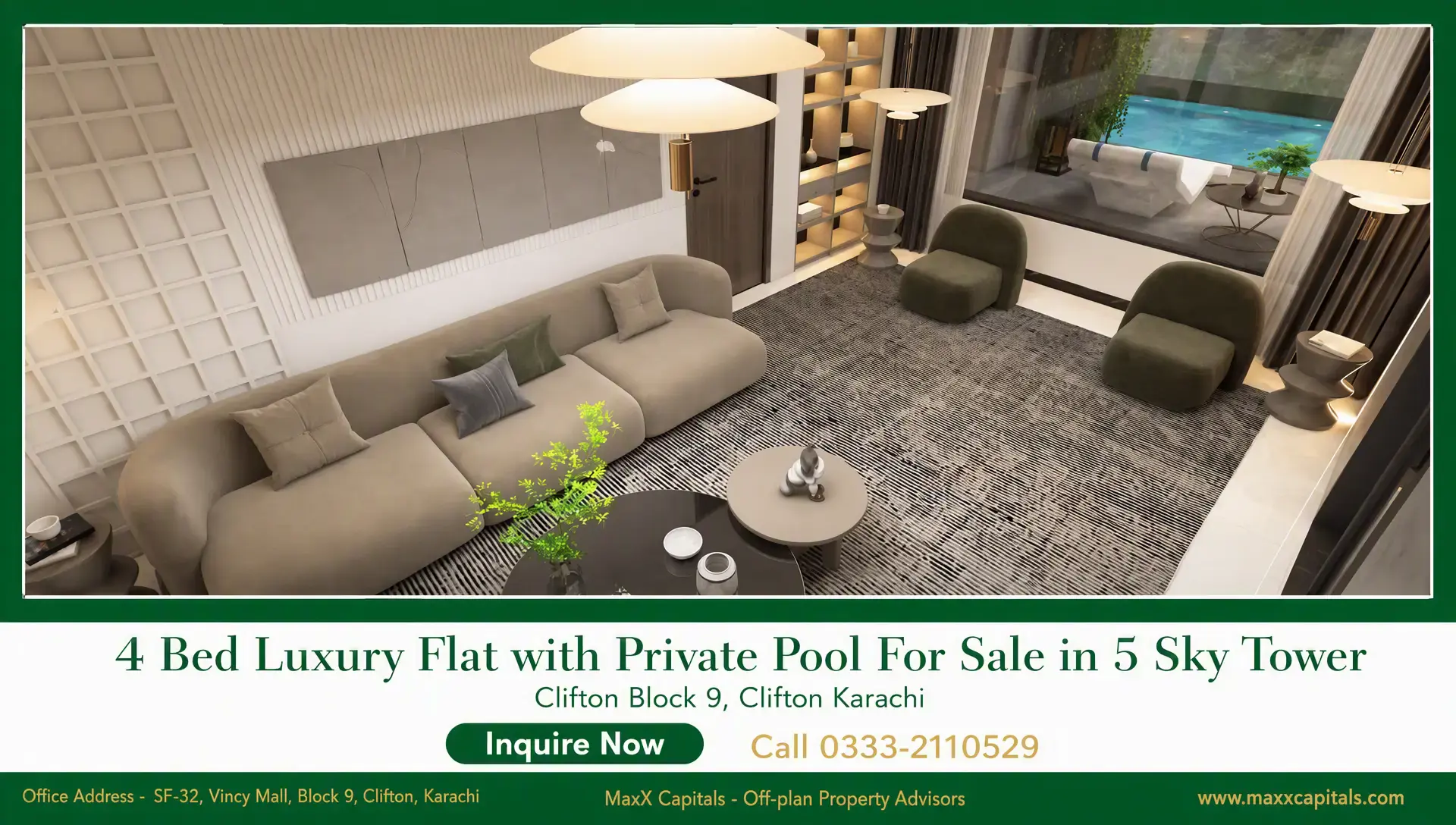 4 Bed Luxury Flat with Private Pool For Sale in 5 Sky Tower Luxury lounge at 5 Sky Tower with modern sofa seating and views to a private pool terrace