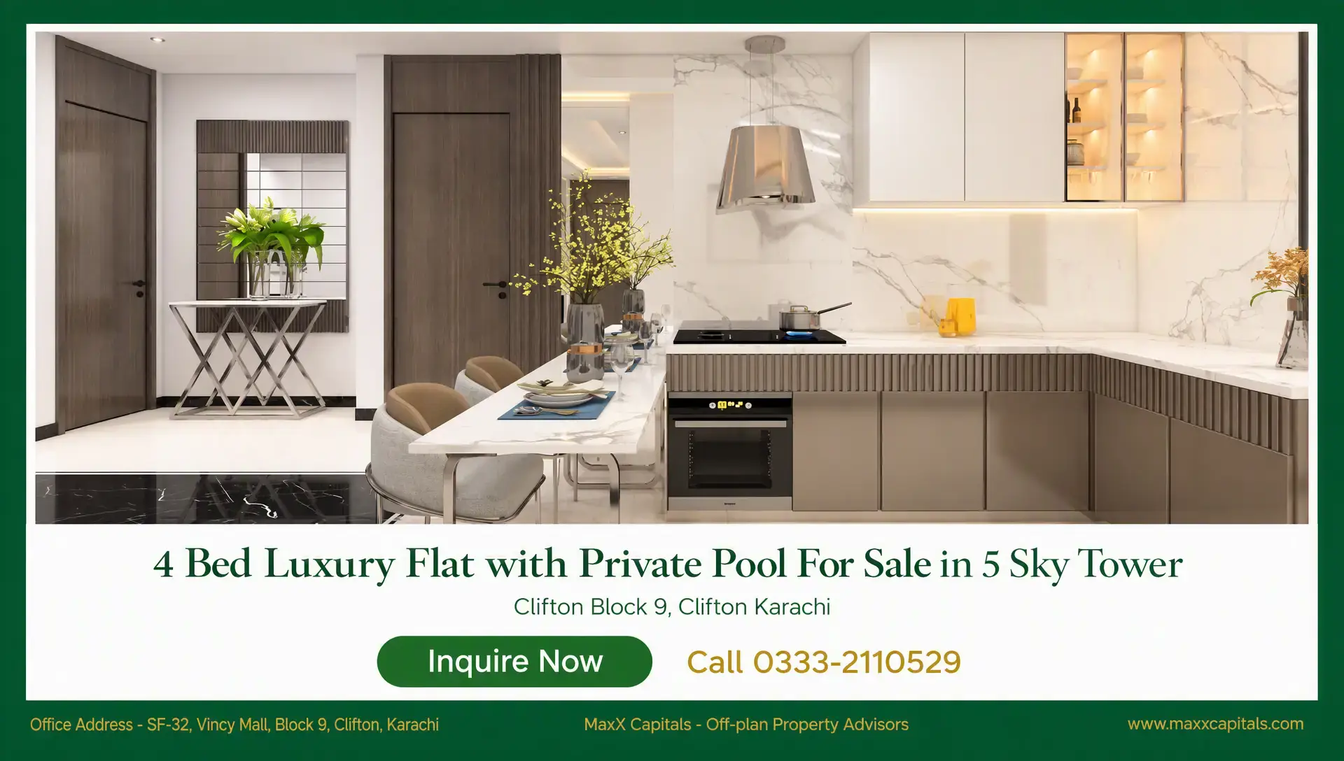 4 Bed Luxury Flat with Private Pool For Sale in 5 Sky Tower 5 Sky Tower kitchen with marble-look backsplash, island seating, and warm built-in lighting