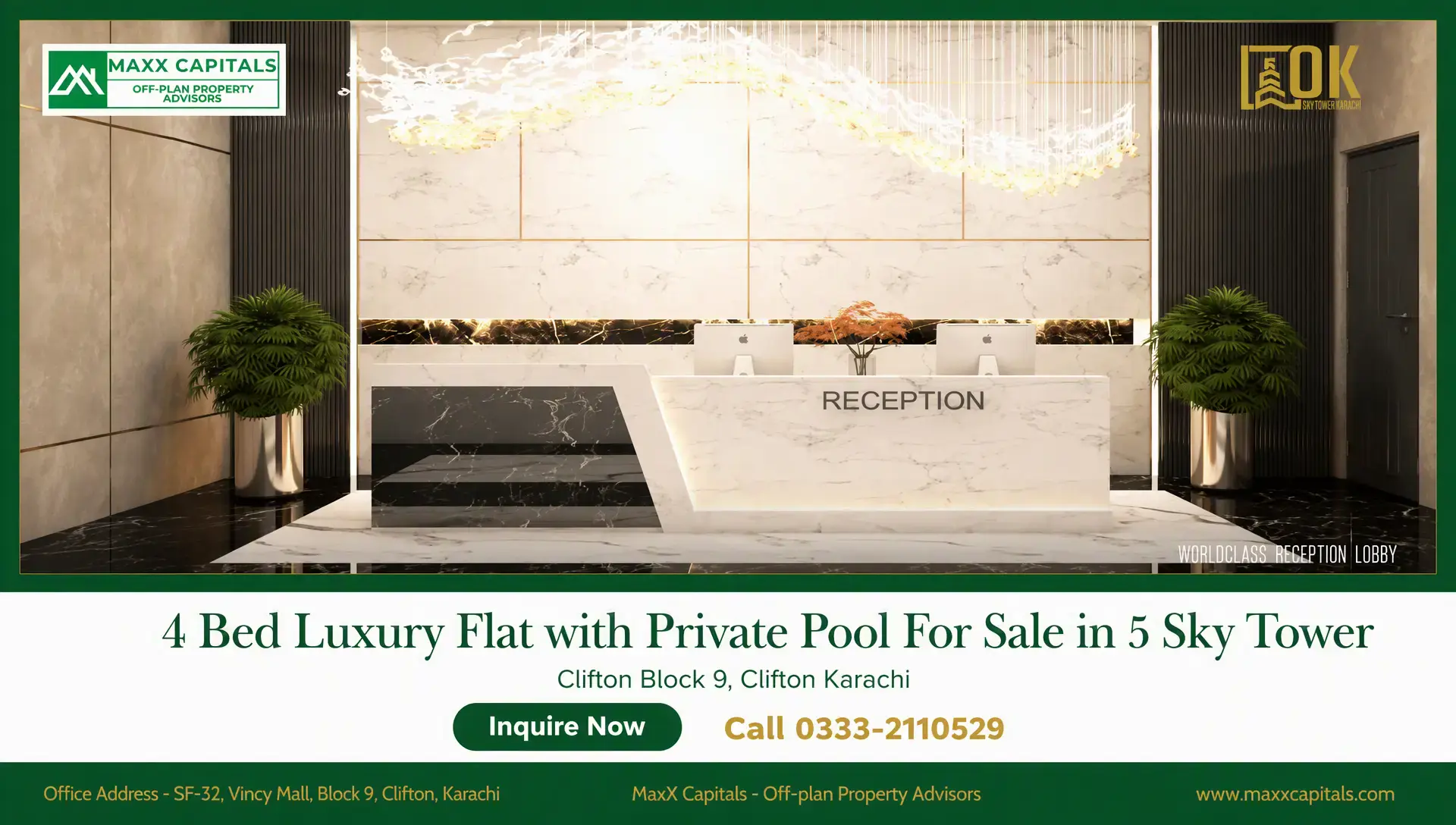 4 Bed Luxury Flat with Private Pool For Sale in 5 Sky Tower Luxury reception lobby at 5 Sky Tower with marble front desk, statement lighting, and potted plants