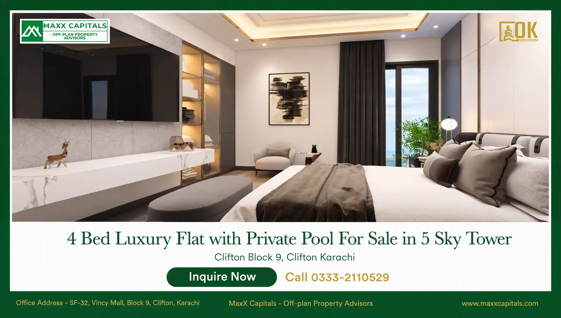 4 Bed Luxury Flat with Private Pool For Sale in 5 Sky Tower Elegant bedroom in 5 Sky Tower with feature wall, recessed lighting, built-in storage, and floor-to-ceiling window.