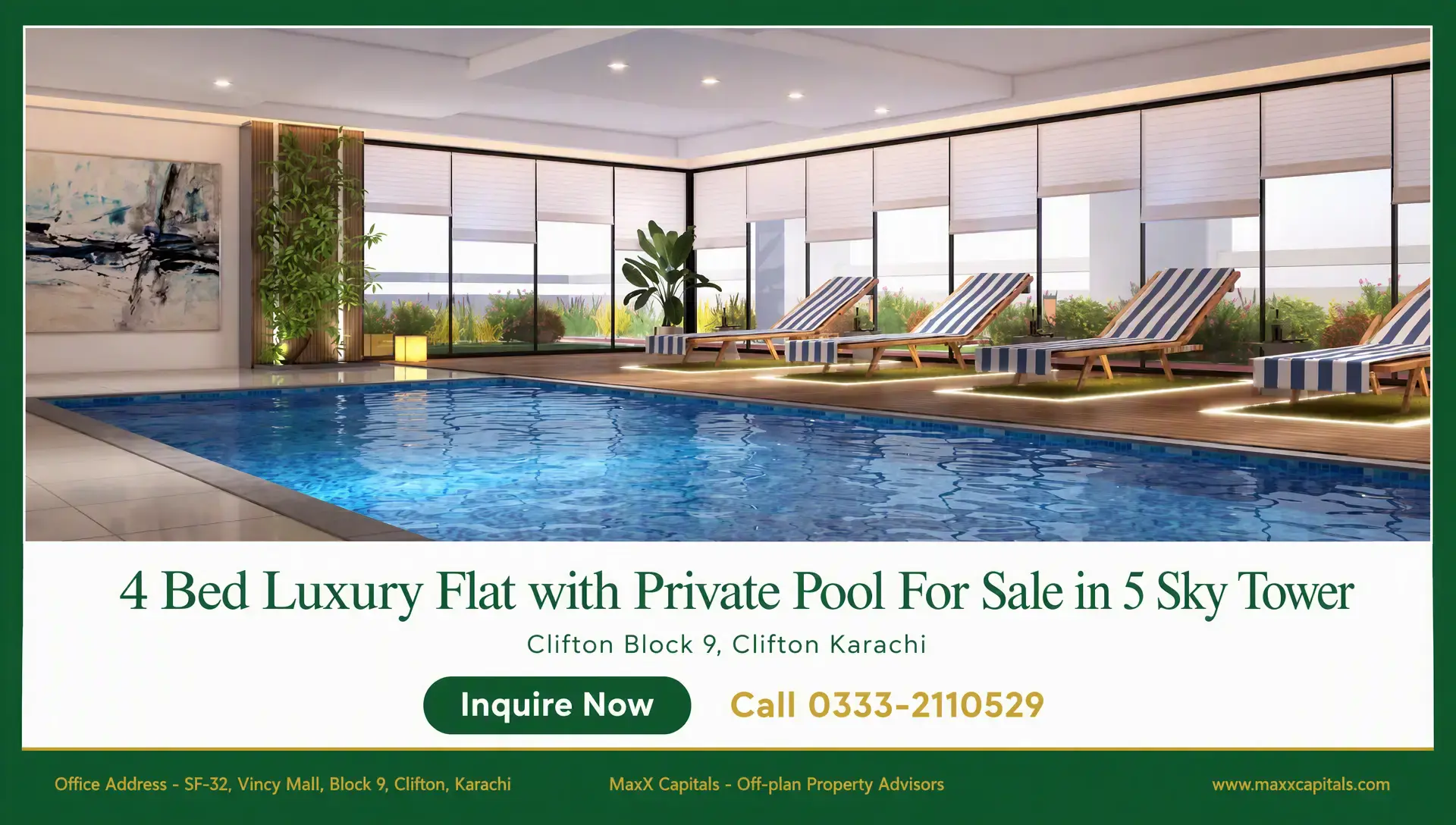 4 Bed Luxury Flat with Private Pool For Sale in 5 Sky Tower Indoor pool lounge in 5 Sky Tower with lounge chairs, floor-to-ceiling windows, and recessed lighting