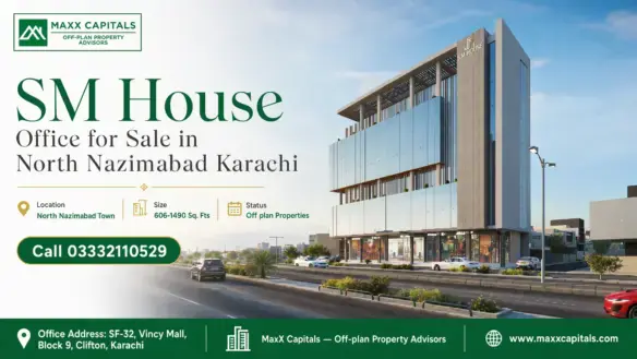 Modern Sm House Office Building In North Nazimabad Karachi With Glass Facade, Landscaped Surroundings, And Urban Street View.