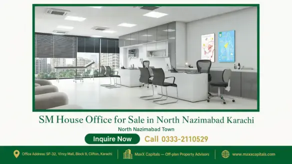 Modern office space with glass windows, sleek furniture, and urban skyline view in SM House, North Nazimabad Karachi.